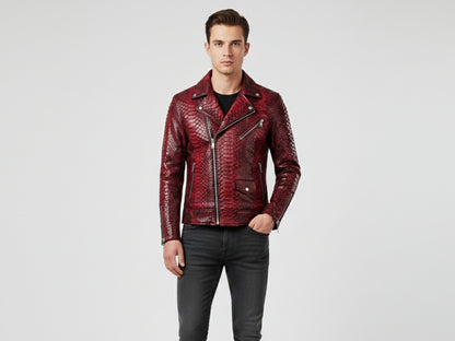 Genuine Python Snakeskin Leather Biker Jacket: Red Exotic Motorcycle Jacket