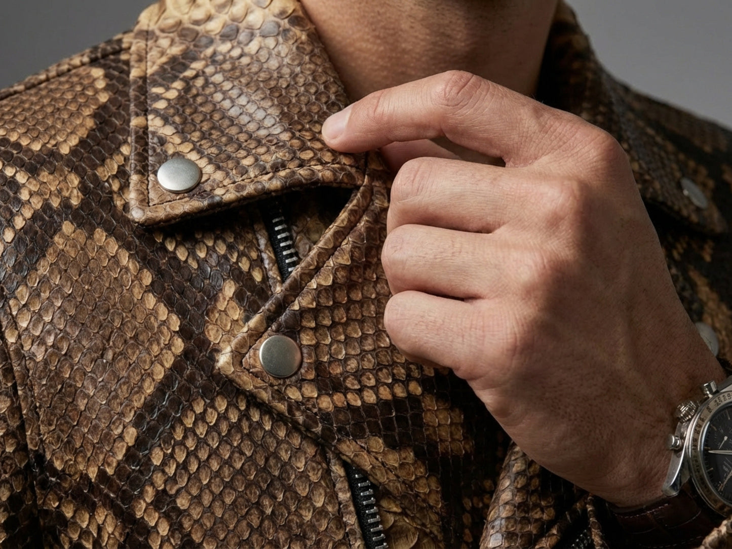 Genuine Python Snakeskin Leather Biker Jacket: Natural Brown Exotic Motorcycle Jacket