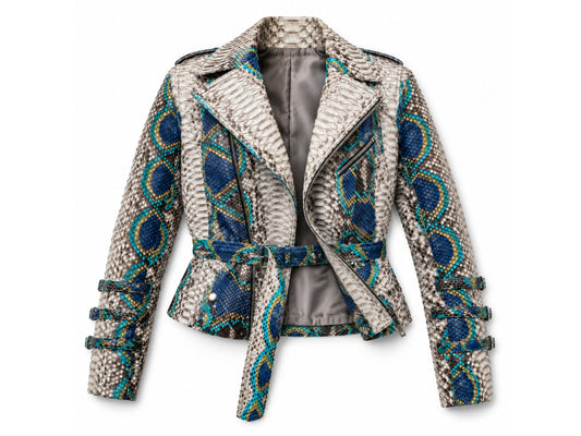 Python Snakeskin Leather Jacket - Blue Ivory