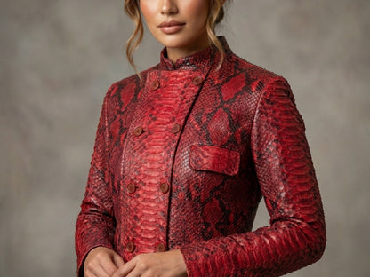 Red Python Snakeskin Mandarin Collar Jacket