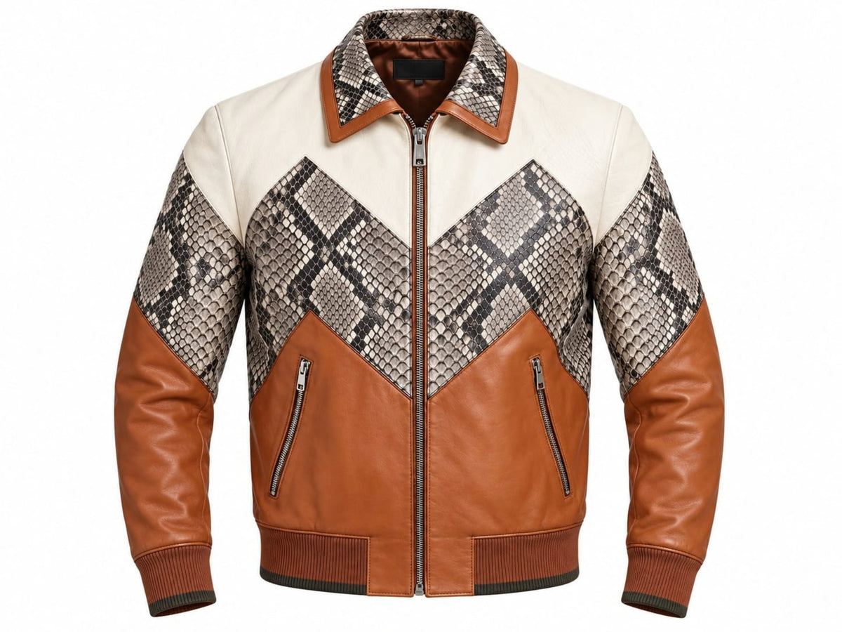 Men's Bomber Jacket | Genuine Python Snakeskin | Lambskin Leather | Cream Brown