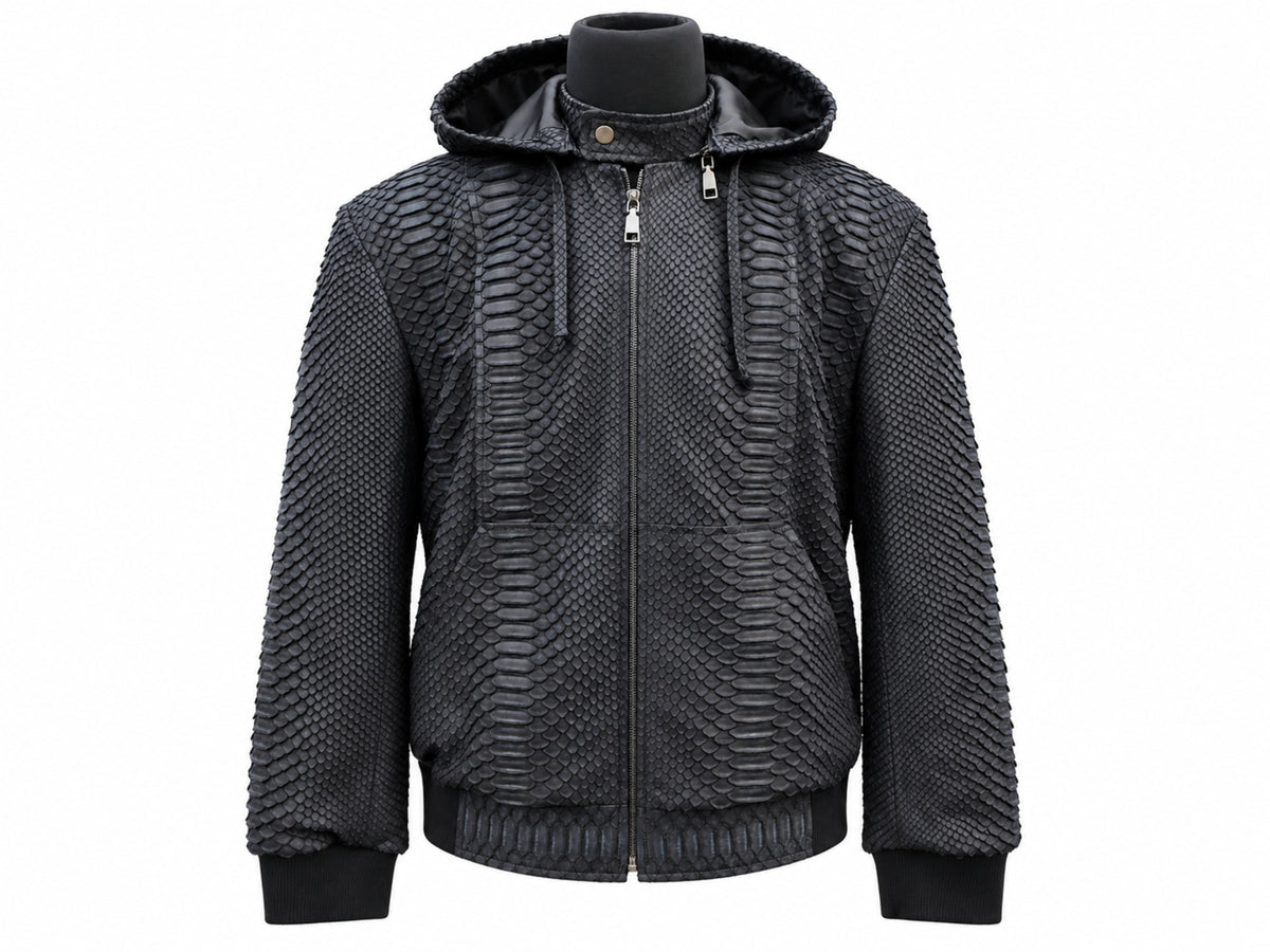 A black textured hooded jacket with a snakeskin-like embossed pattern, displayed on a black mannequin torso against a plain white background.