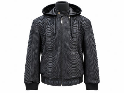 A black textured hooded jacket with a snakeskin-like embossed pattern, displayed on a black mannequin torso against a plain white background.