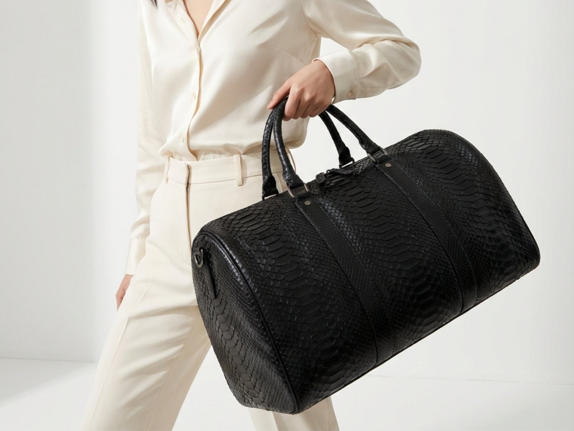 Luxury Genuine Python Snakeskin Leather Black Travel Weekender Bag