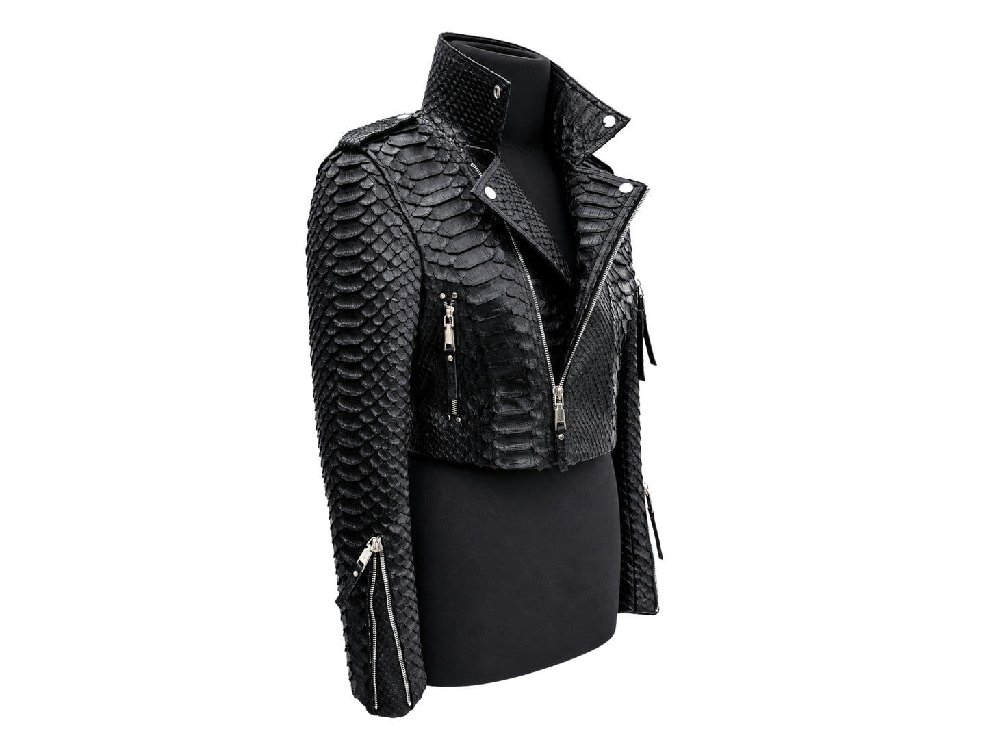Black textured moto jacket with a raised scale pattern, displayed on a black mannequin torso against a plain white background.