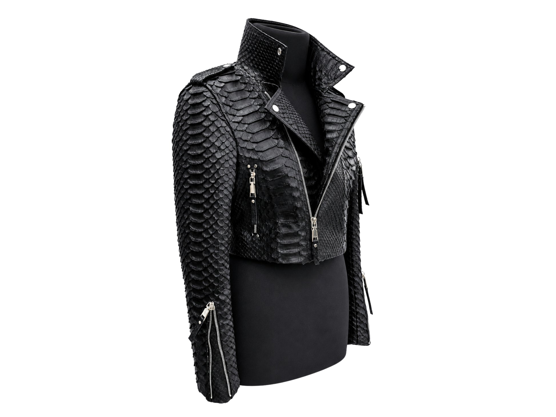 Black textured moto jacket with a raised scale pattern, displayed on a black mannequin torso against a plain white background.