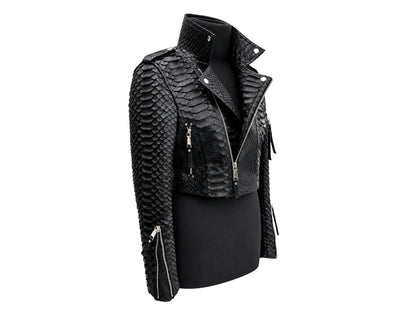 Black textured moto jacket with a raised scale pattern, displayed on a black mannequin torso against a plain white background.