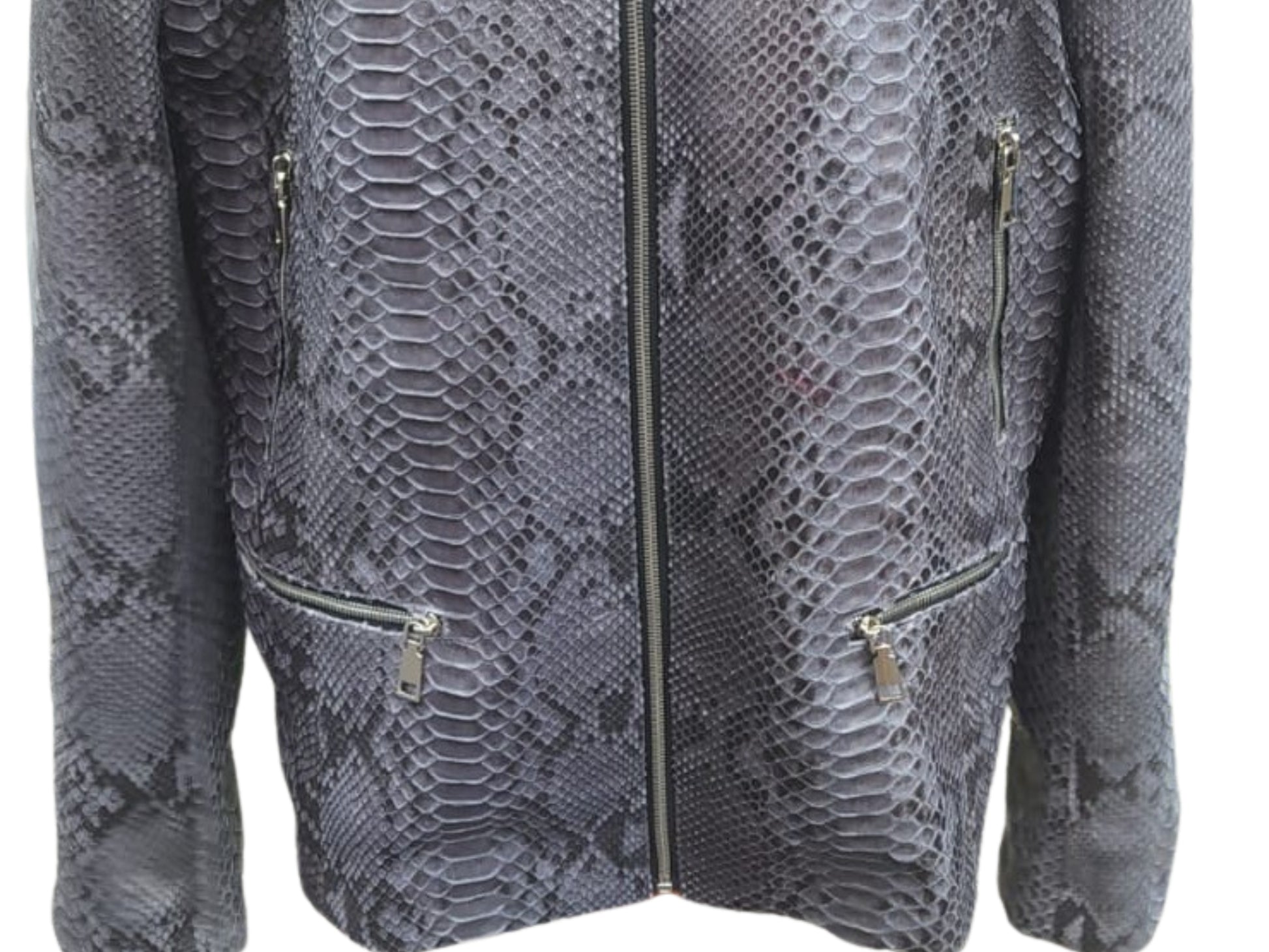 Gray snake skin pattern jacket with zippers on a white background