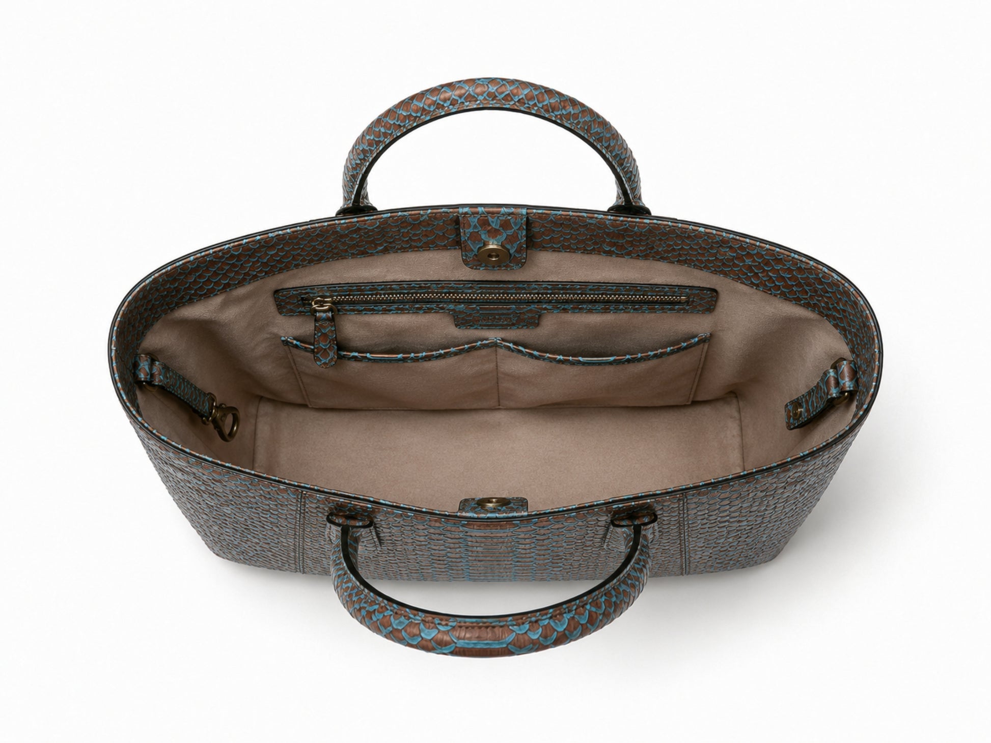 Aqua Brown Python Snakeskin Tote Leather Bag