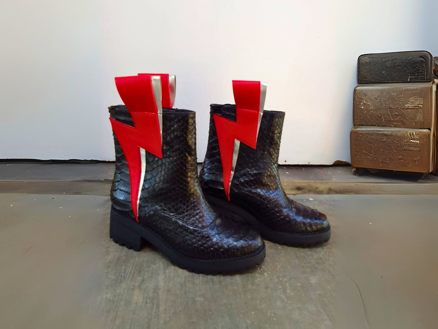 Genuine Python Snakeskin Boots with Red Lightning Bolt