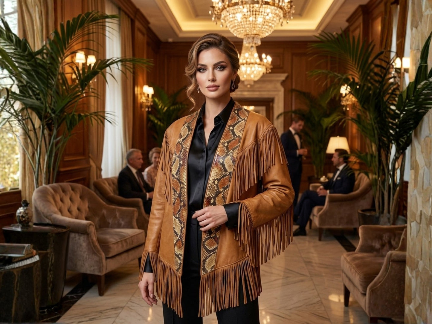 Brown Snakeskin Fringe Leather Jacket