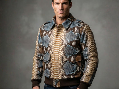 Multi Color Brown Snakeskin Bomber Jacket