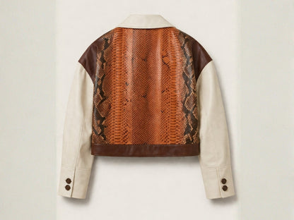 Cream Cognac Genuine Python Snakeskin Lambskin Double Breasted Blazer