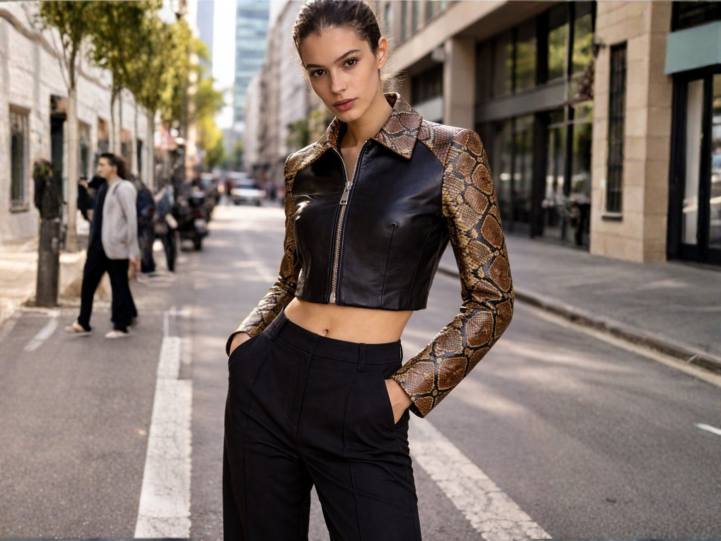 Street style outfit with python snakeskin cropped jacket and black trousers