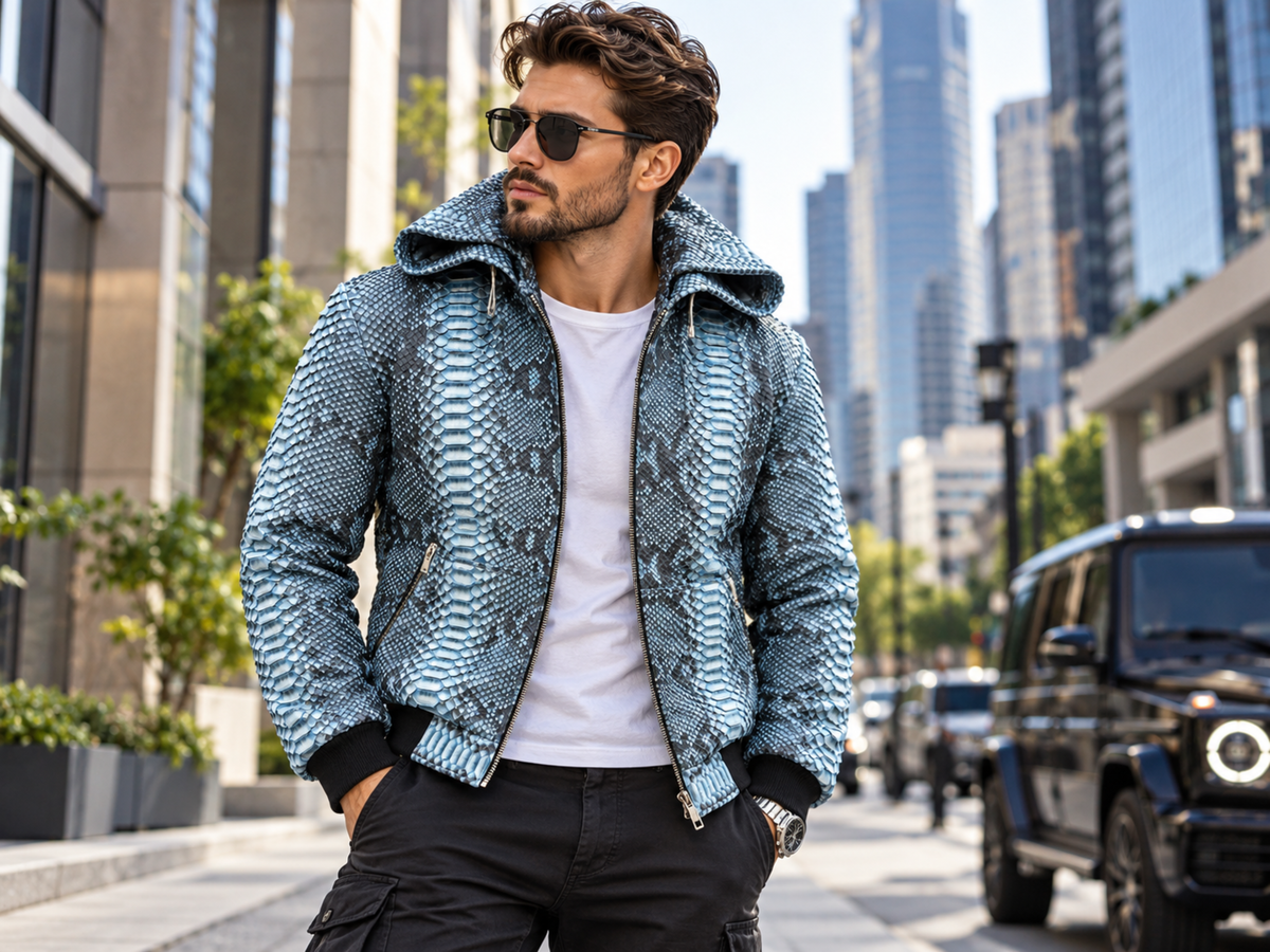 A man wearing a blue and gray snakeskin-patterned bomber jacket over a white t-shirt, standing on a city street with skyscrapers and a black SUV in the background.