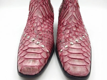 Genuine Python Snakeskin Boots | Unisex Exotic Leather Ankle Boots with Buckle & Stud Design
