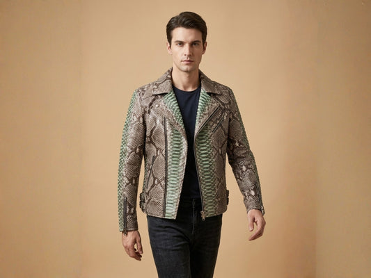 Genuine Python Snakeskin Leather Biker Jacket: Natural Gray with Green Gradation