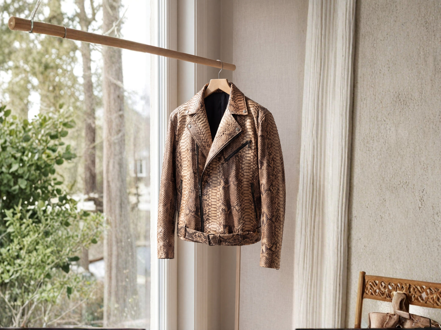 Genuine Python Snakeskin Biker Jacket for Men | Handmade Brown Exotic Leather Motorcycle Jacket