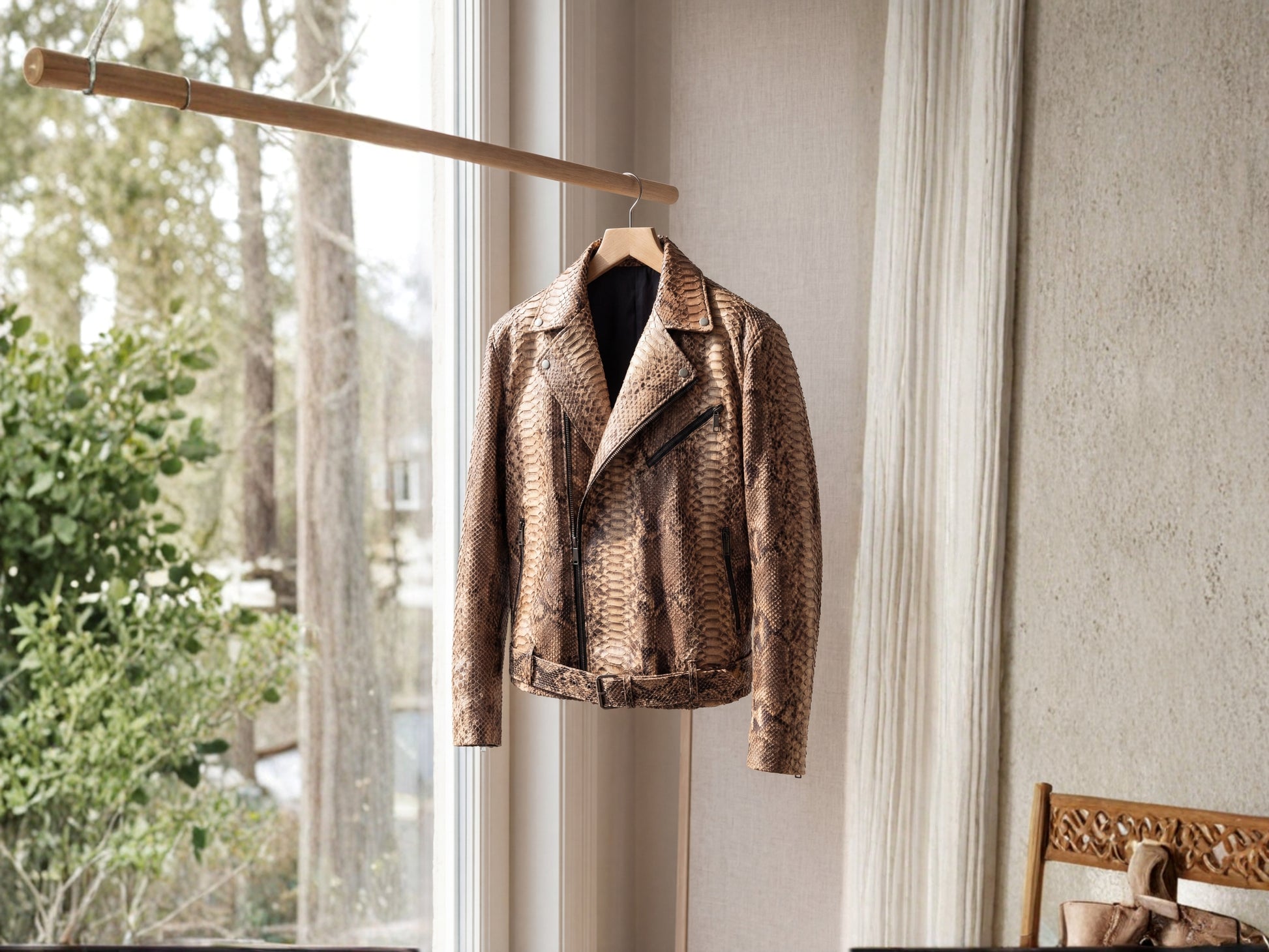 Genuine Python Snakeskin Biker Jacket for Men | Handmade Brown Exotic Leather Motorcycle Jacket