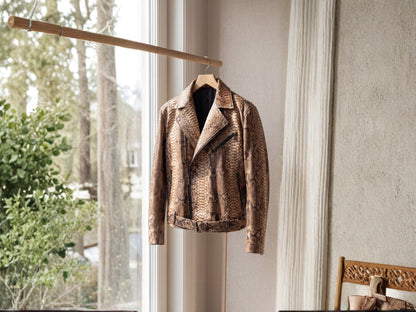 Genuine Python Snakeskin Biker Jacket for Men | Handmade Brown Exotic Leather Motorcycle Jacket