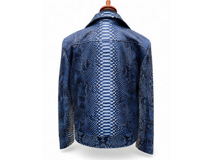 Blue snake skin patterned jacket on a mannequin against a white background