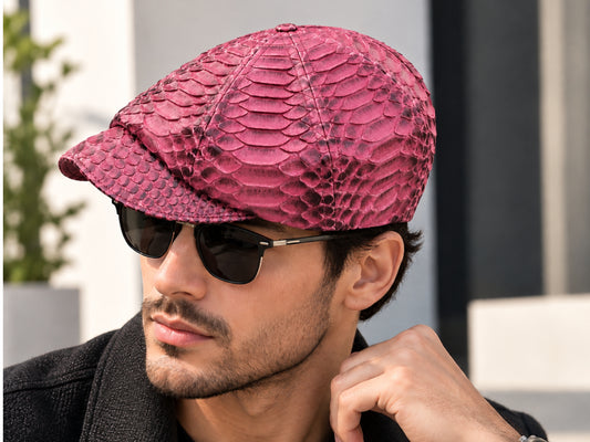 A man wearing a maroon snakeskin-patterned flat cap and dark sunglasses, shown in a close-up outdoor portrait.