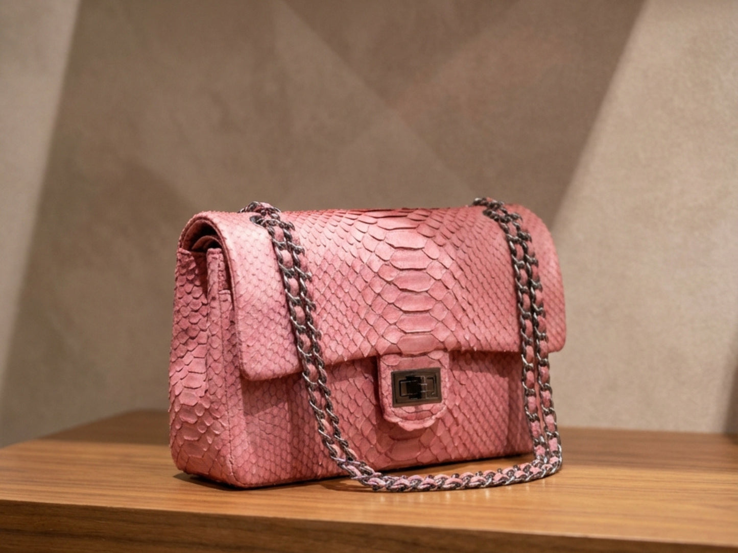 Pink Snakeskin Chain Strap Purse | Genuine Python Shoulder Leather Bag