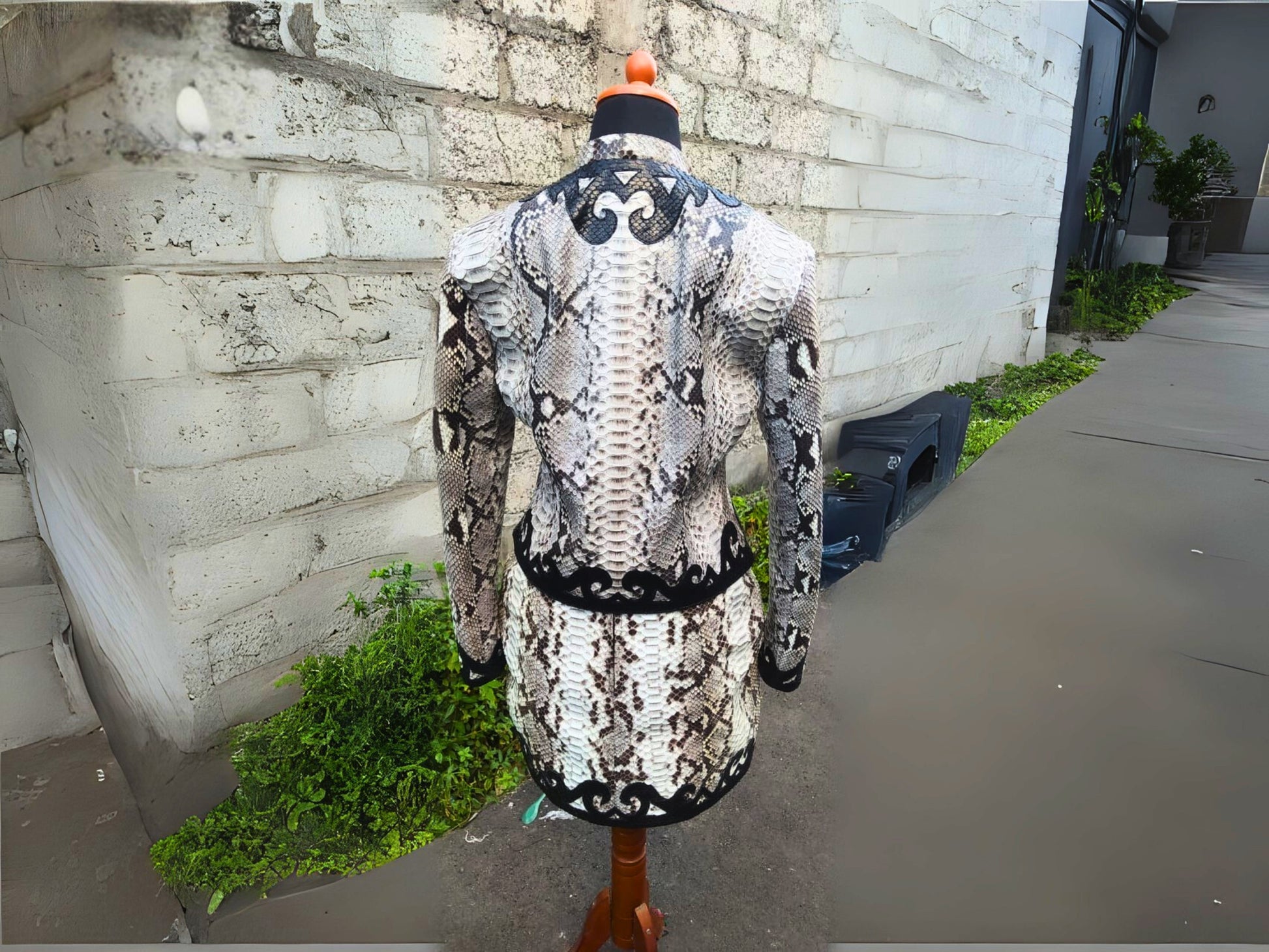 Snakeskin Two-Piece Set: Couture Skirt and Jacket with Black Appliqué