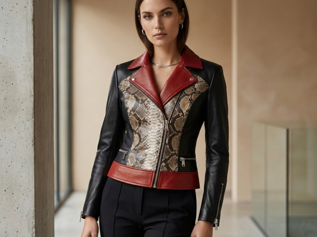 Genuine Python Snakeskin Lambskin Biker Leather Jacket: Red Accents