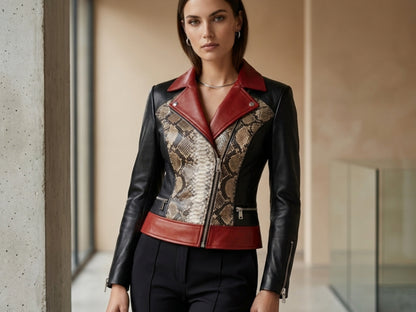 Genuine Python Snakeskin Lambskin Biker Leather Jacket: Red Accents