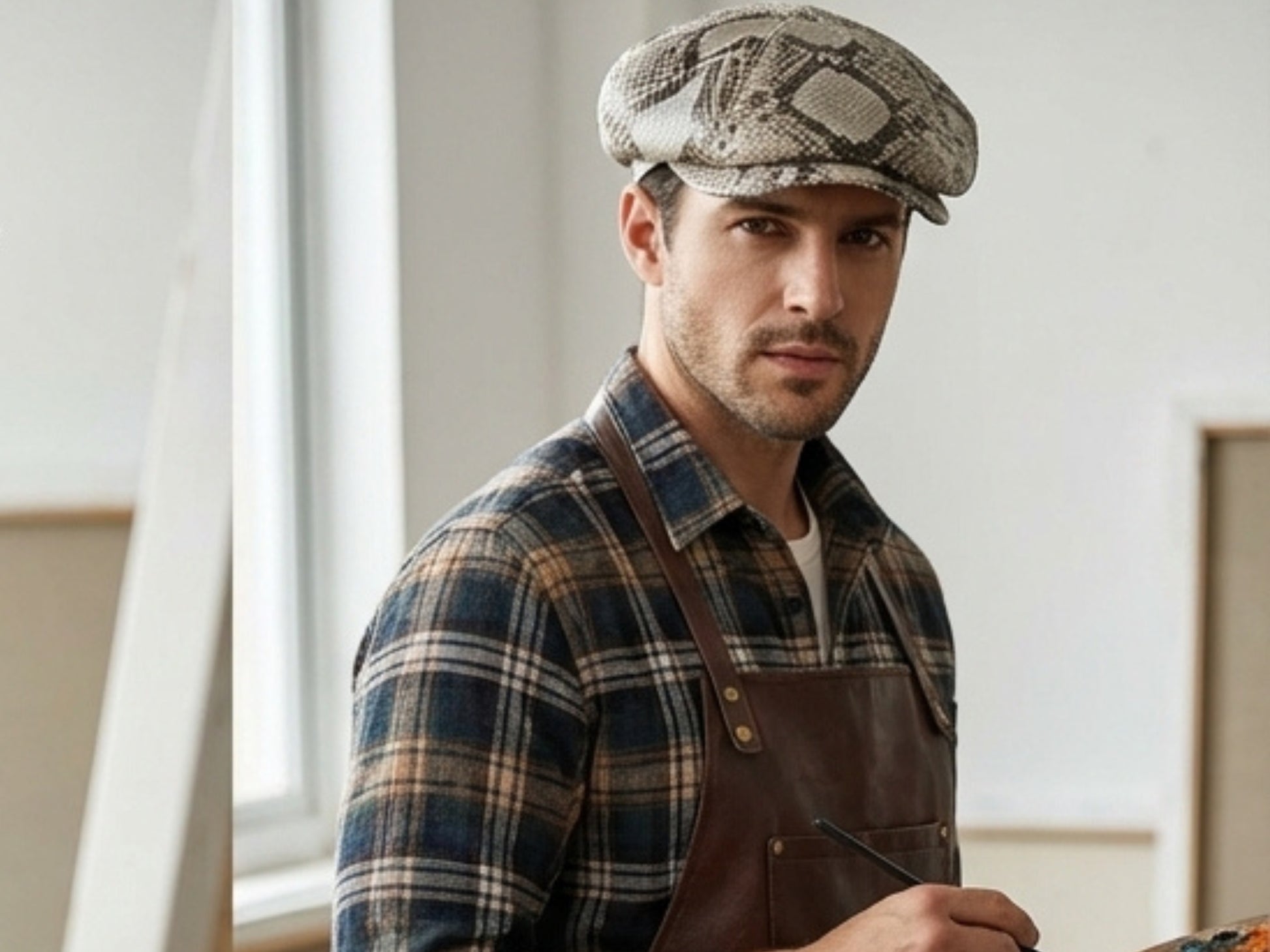 Gray Snakeskin Leather Newsboy Caps