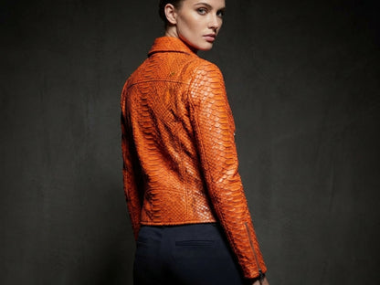 Genuine Python Snakeskin Leather Biker Jacket in Burnt Orange worn by a model from the back against a dark background.