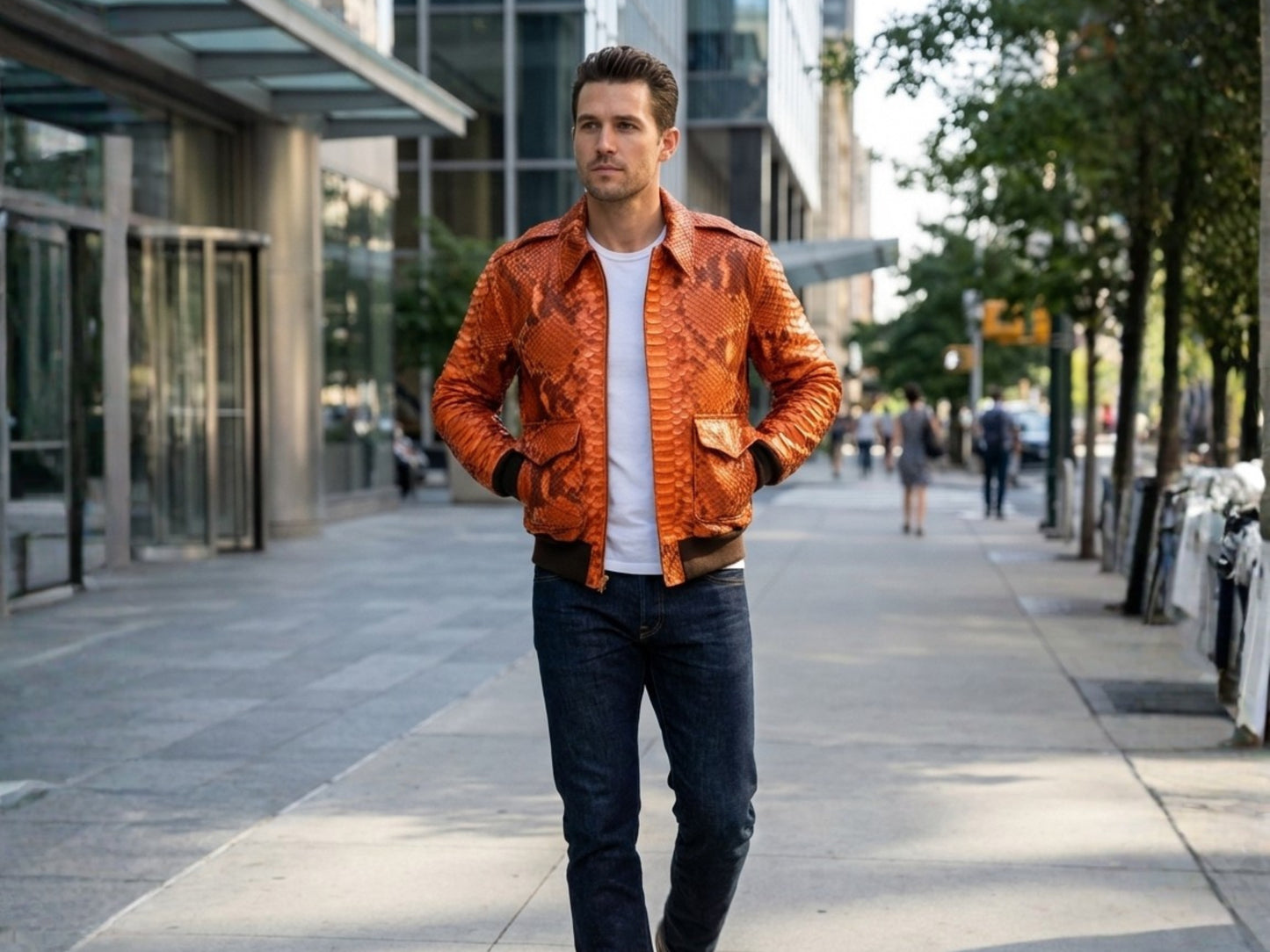 Flame Orange Python Snakeskin Bomber Jacket