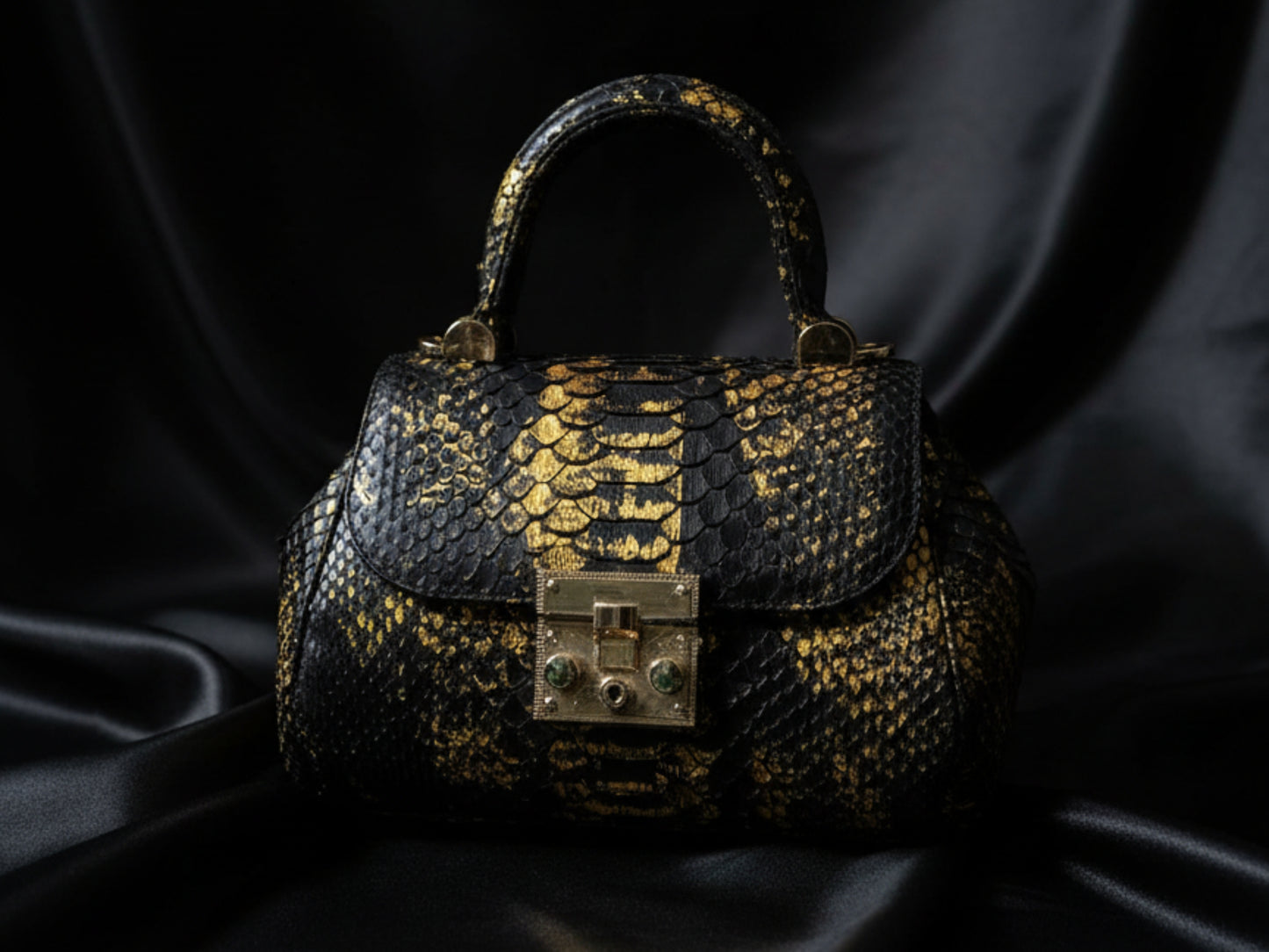 Luxury Genuine Python Snakeskin Handbag: Black & Gold Designer Purse