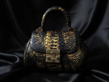 Luxury Genuine Python Snakeskin Handbag: Black & Gold Designer Purse
