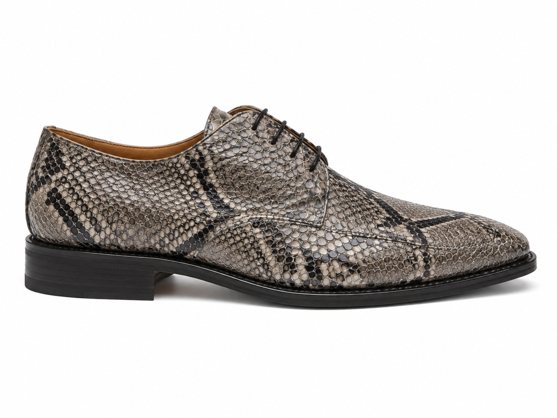Rear view of natural python snakeskin dress shoes showing textured heel and black sole