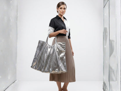 Metallic Snakeskin Tote Bag – Large Silver Shoulder Purse