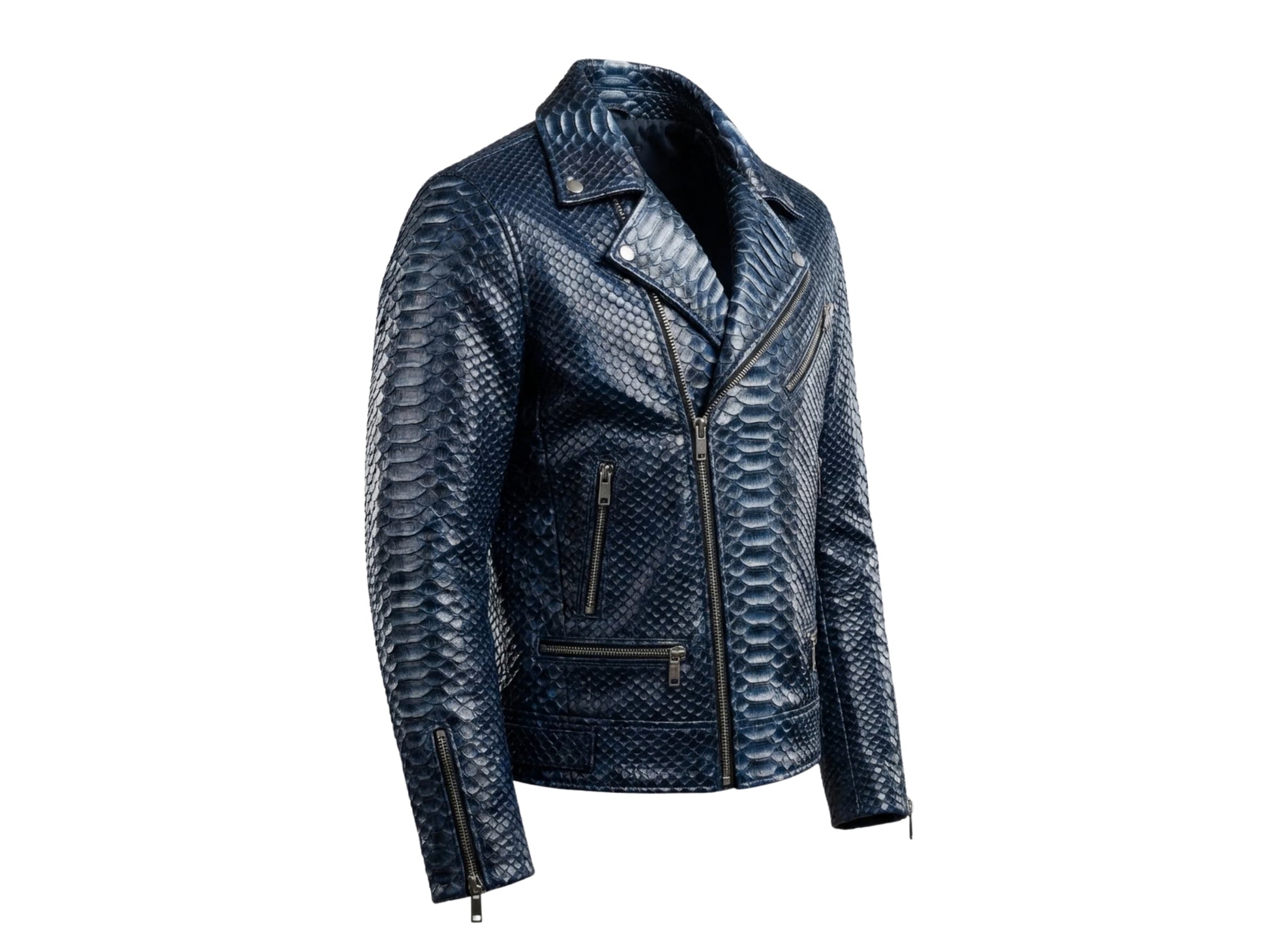 Genuine Python Snakeskin Biker Jacket: Blue Exotic Leather Motorcycle Jacket