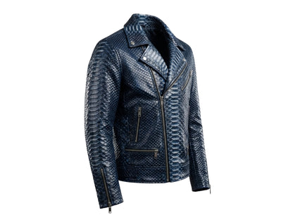 Genuine Python Snakeskin Biker Jacket: Blue Exotic Leather Motorcycle Jacket