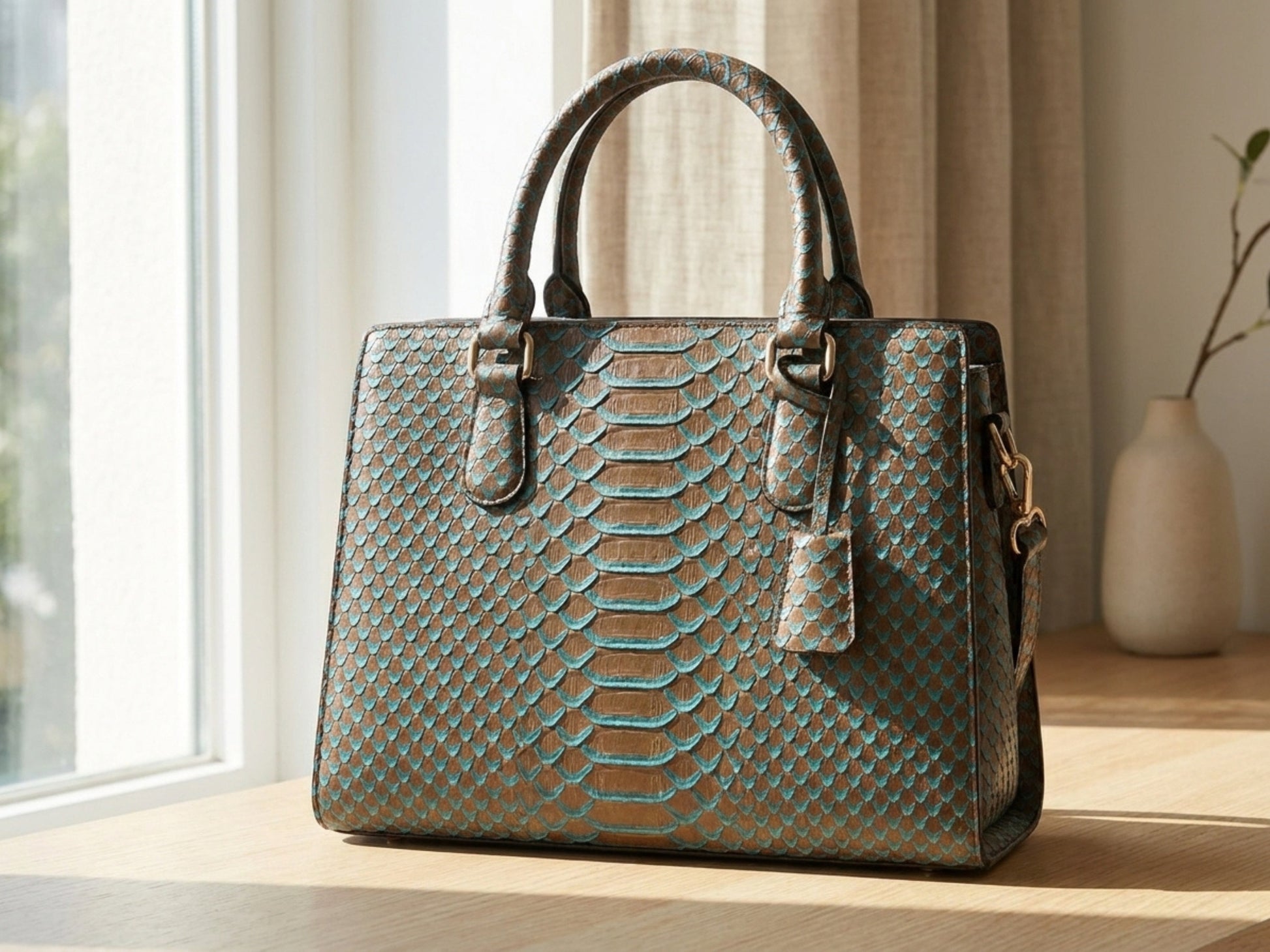 Brown Python Snakeskin Tote Satchel