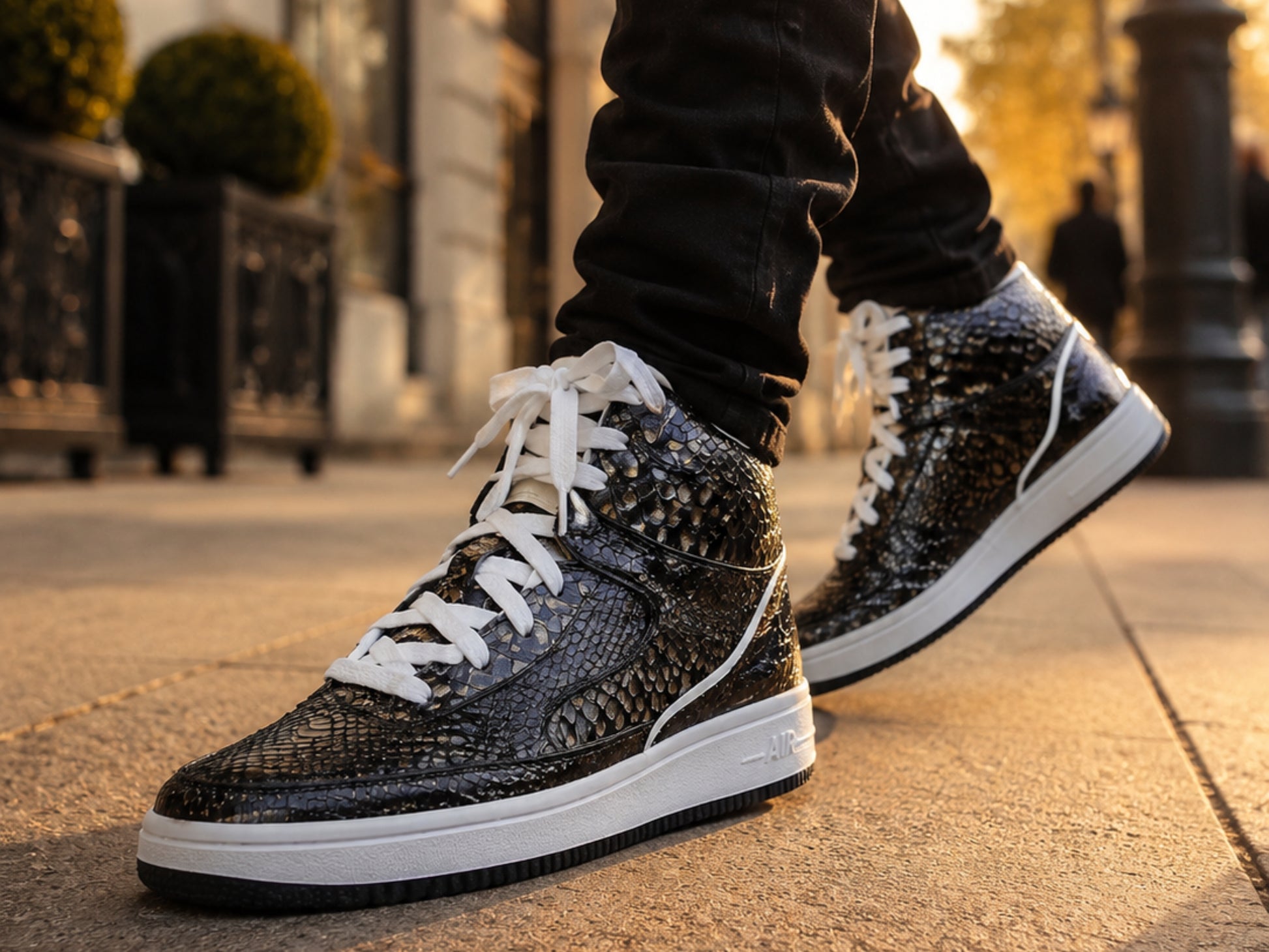 Black Python Snakeskin Leather High-Top Sneakers