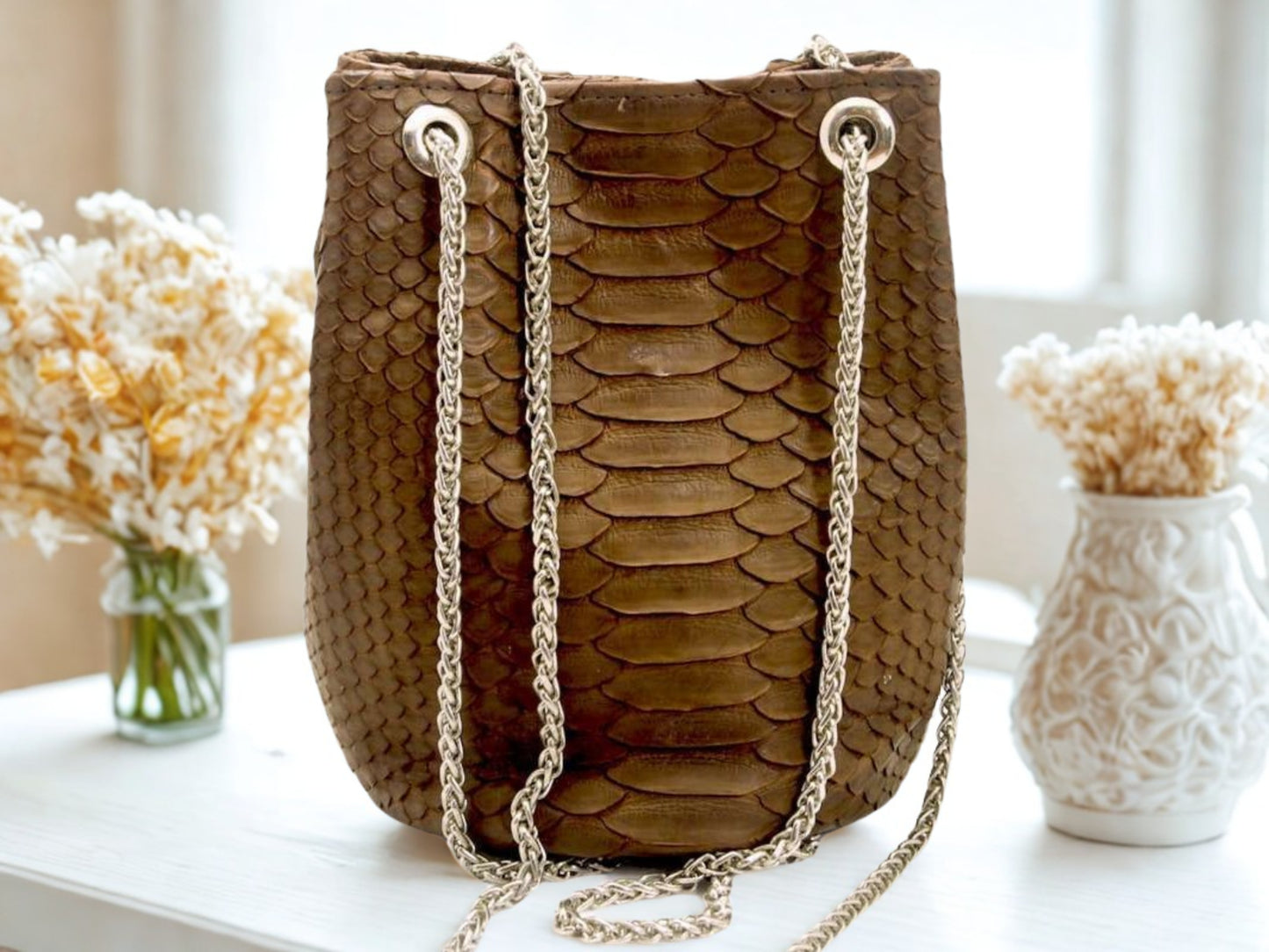 Real Snakeskin Drawstring Bag - brown
