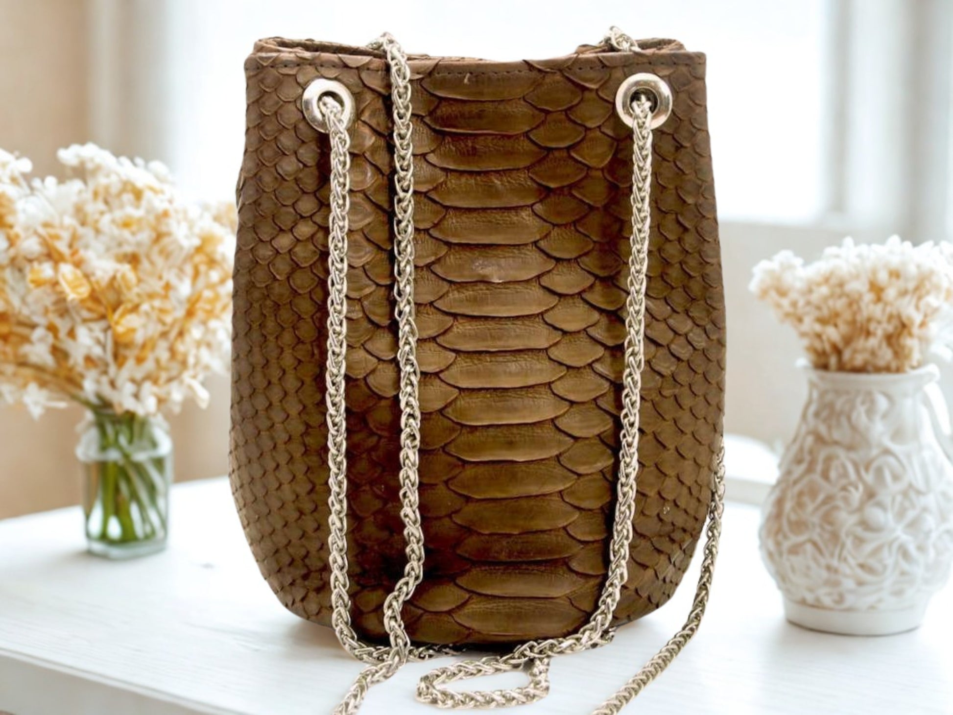 Real Snakeskin Drawstring Bag - brown