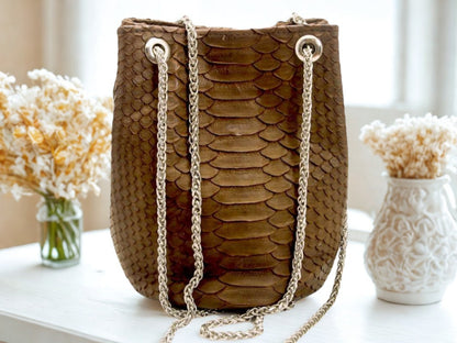 Real Snakeskin Drawstring Bag - brown