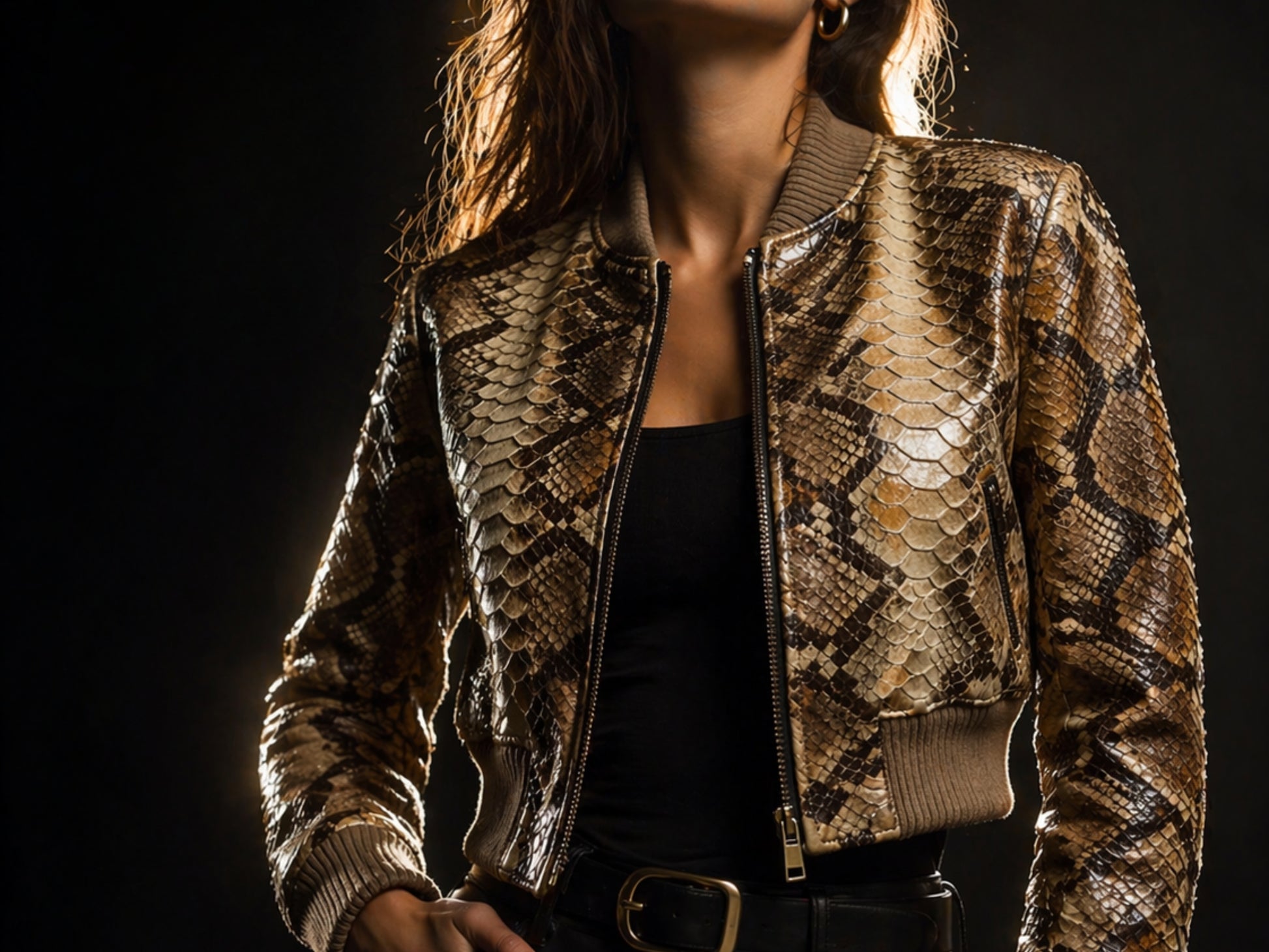 Brown Python Snakeskin Cropped Bomber Jacket