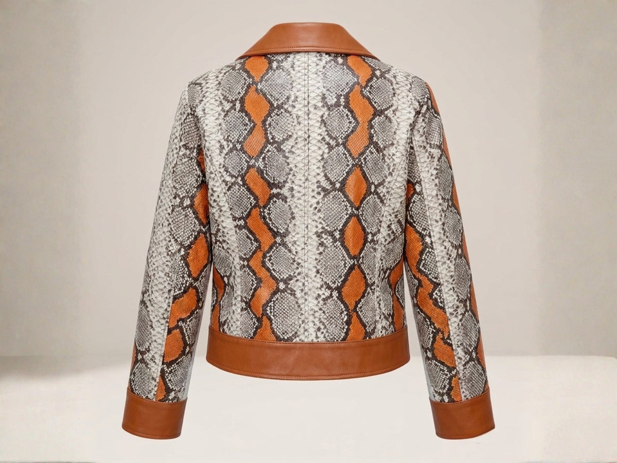 Python Snakeskin Biker Leather Jacket: Multi-Color Orange