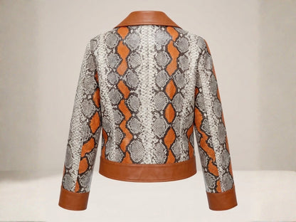 Python Snakeskin Biker Leather Jacket: Multi-Color Orange
