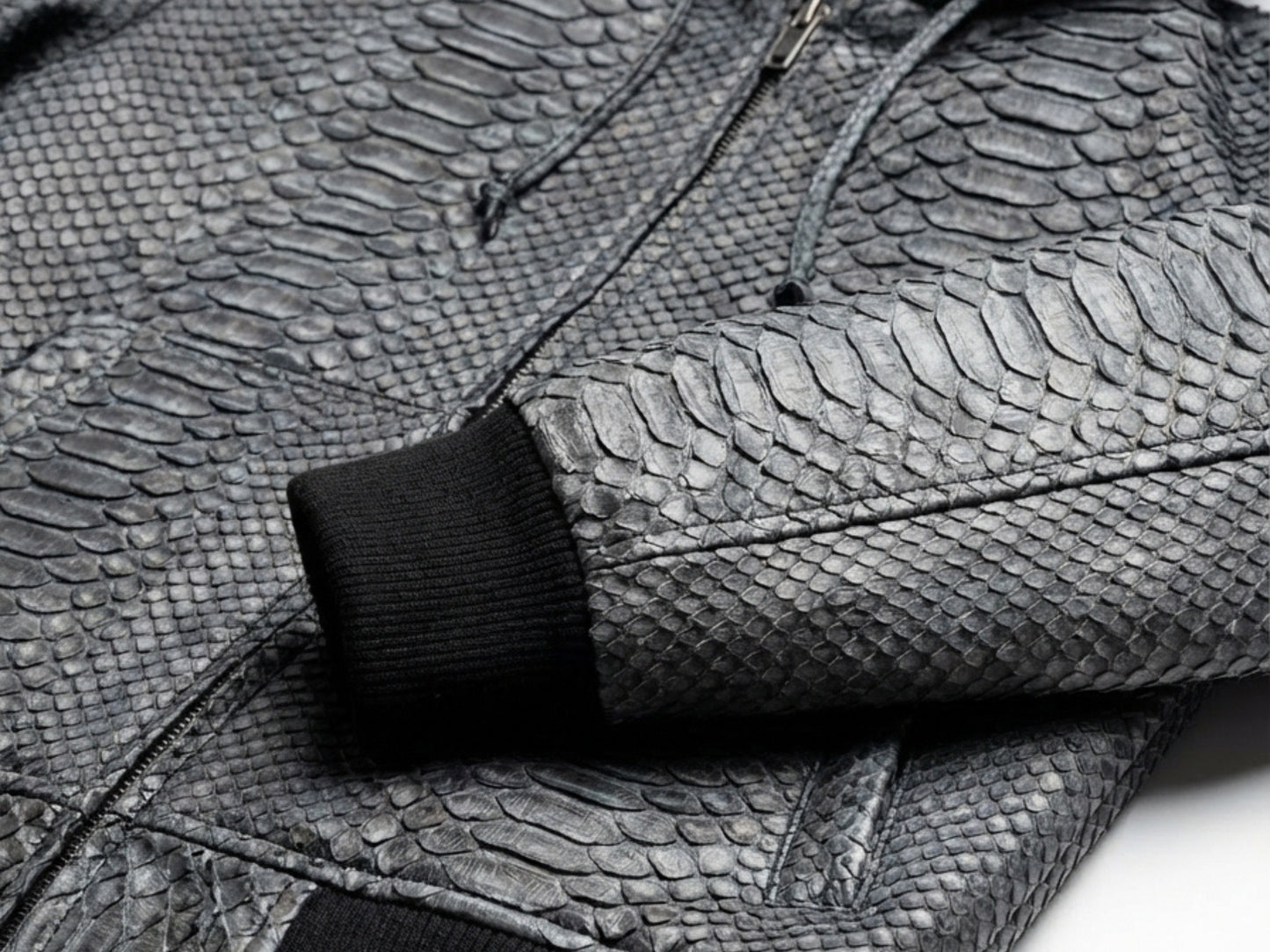 Genuine Python Snakeskin Hoodie Bomber Jacket | Black Nubuck Matte Leather