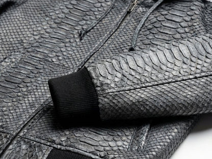 Genuine Python Snakeskin Hoodie Bomber Jacket | Black Nubuck Matte Leather