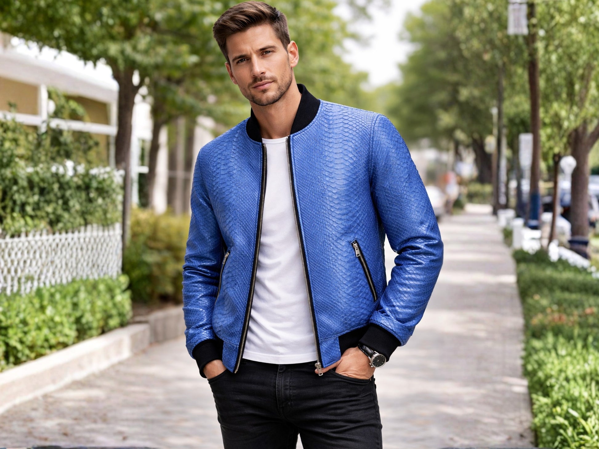 Blue Python Snakeskin Bomber Jacket